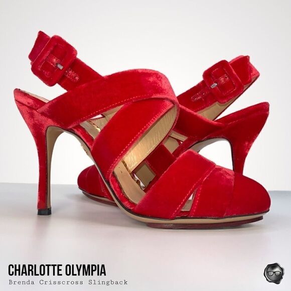 CHARLOTTE OLYMPIA BRENDA CRISSCROSS SLINGBACK PUMPS IN RED VELVET EU 38.5 NEW - Picture 2 of 15